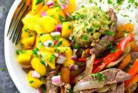 Steak and Peppers Rice Bowls with Mango Pico de Gallo