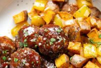Honey BBQ Meatball and Sweet Potato One-Pan Bake