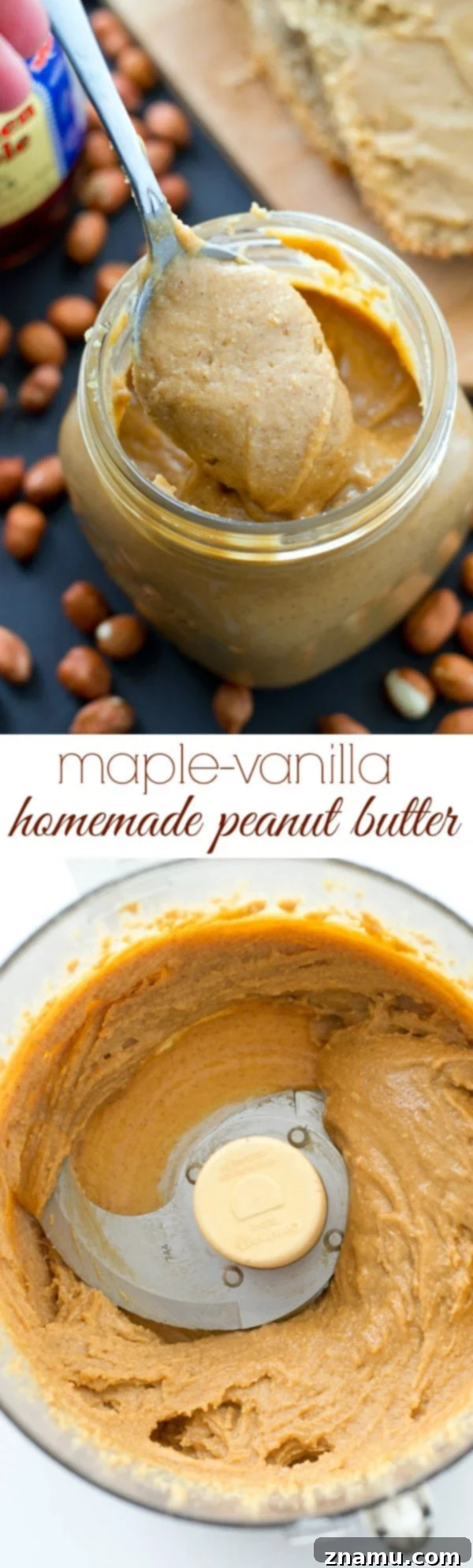Maple Vanilla Peanut Butter Perfection 7 A large glass jar filled with homemade maple vanilla peanut butter, with a spoon inserted.