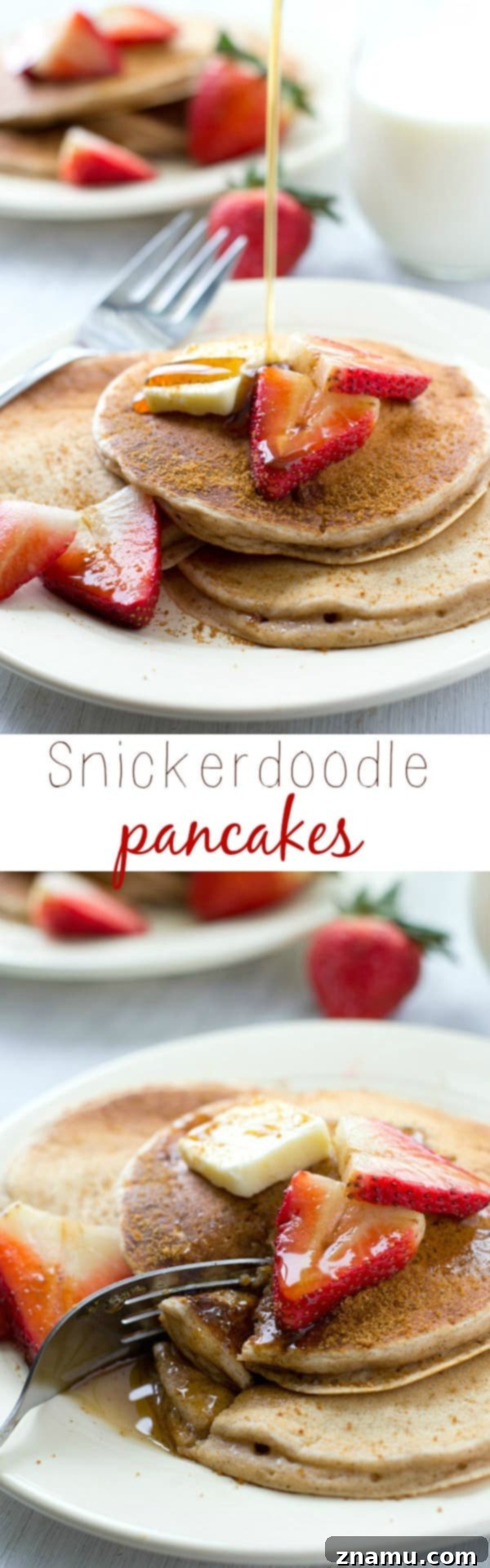 Final presentation of Snickerdoodle Pancakes, beautifully styled with syrup and cinnamon sugar, ready to be savored as the ultimate breakfast.
