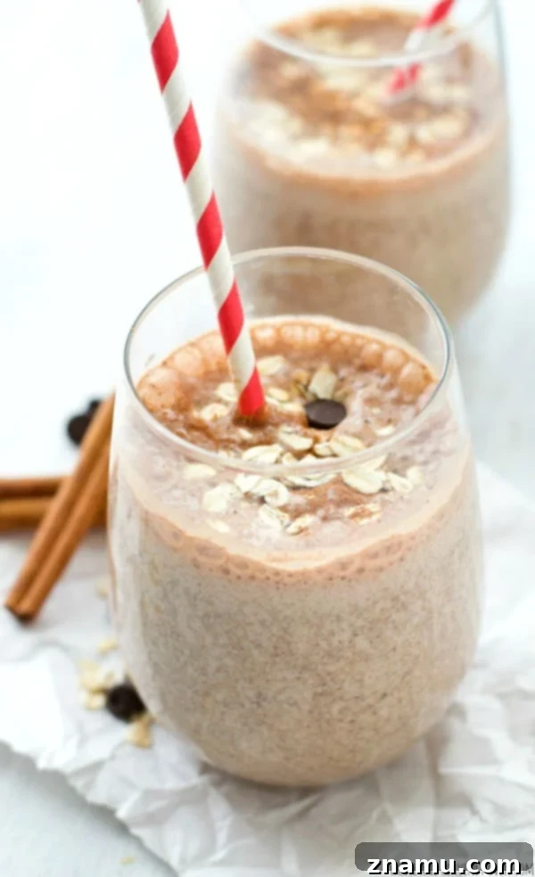 Cinnamon Swirl Chocolate Chip Oat Smoothie 4 Super-creamy and loaded with a trio of cinnamon, chocolate, and oats, this filling breakfast smoothie is a sweet lighter breakfast indulgence and terrific energy boost!