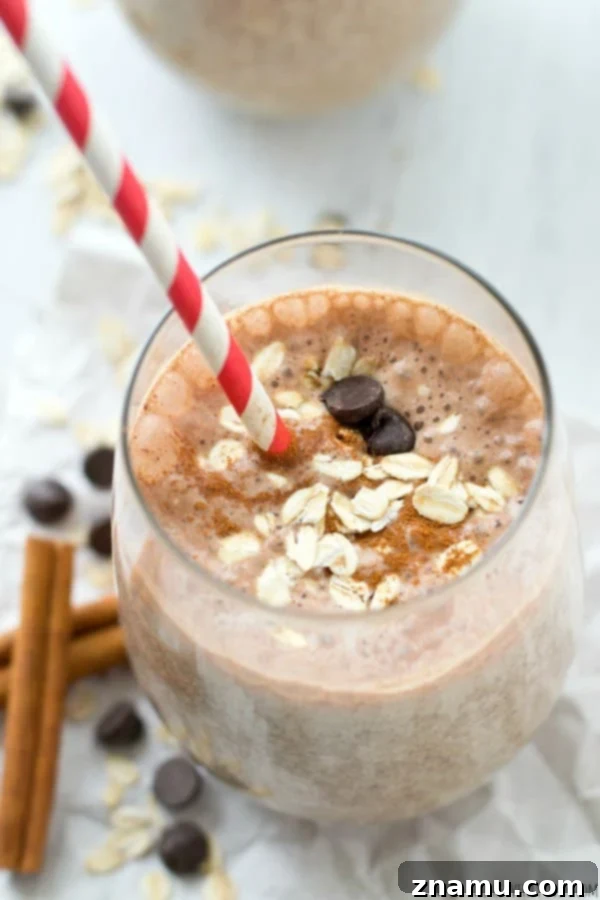 Cinnamon Swirl Chocolate Chip Oat Smoothie 5 Super-creamy and loaded with a trio of cinnamon, chocolate, and oats, this filling breakfast smoothie is a sweet lighter breakfast indulgence and terrific energy boost!