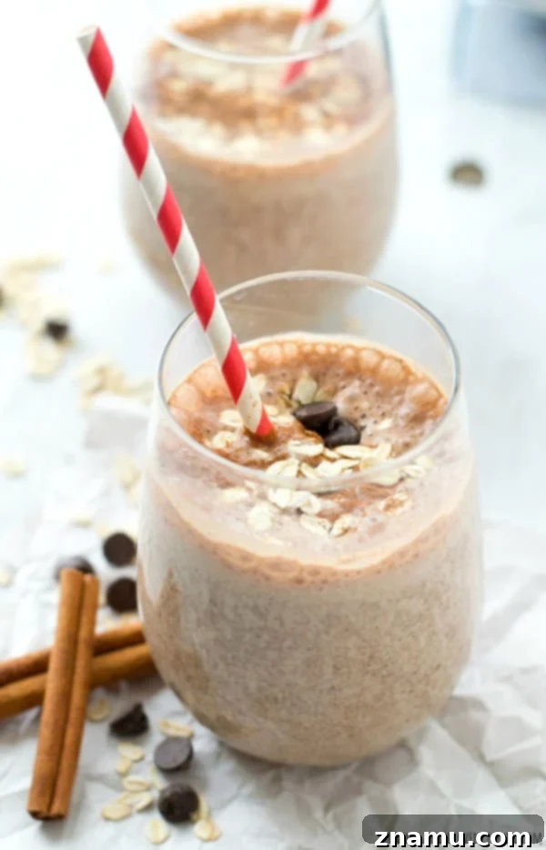 Cinnamon Swirl Chocolate Chip Oat Smoothie 7 Super-creamy and loaded with a trio of cinnamon, chocolate, and oats, this filling breakfast smoothie is a sweet lighter breakfast indulgence and terrific energy boost!