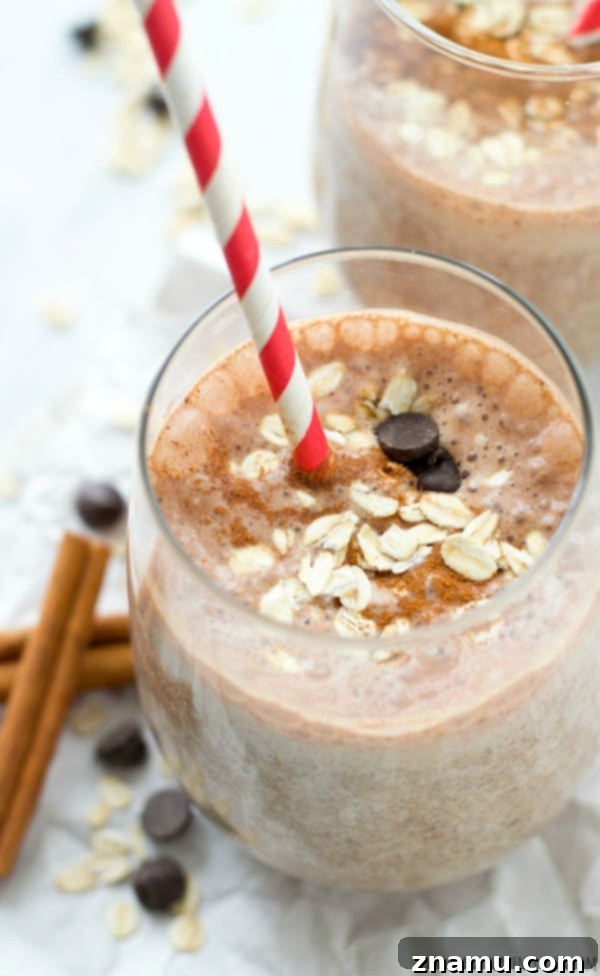 Cinnamon Swirl Chocolate Chip Oat Smoothie 8 Super-creamy and loaded with a trio of cinnamon, chocolate, and oats, this filling breakfast smoothie is a sweet lighter breakfast indulgence and terrific energy boost!