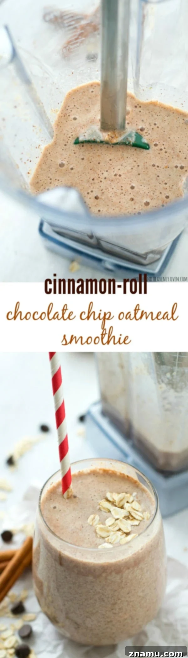 Cinnamon Swirl Chocolate Chip Oat Smoothie 9 Super-creamy and loaded with a trio of cinnamon, chocolate, and oats, this filling breakfast smoothie is a sweet lighter breakfast indulgence and terrific energy boost!