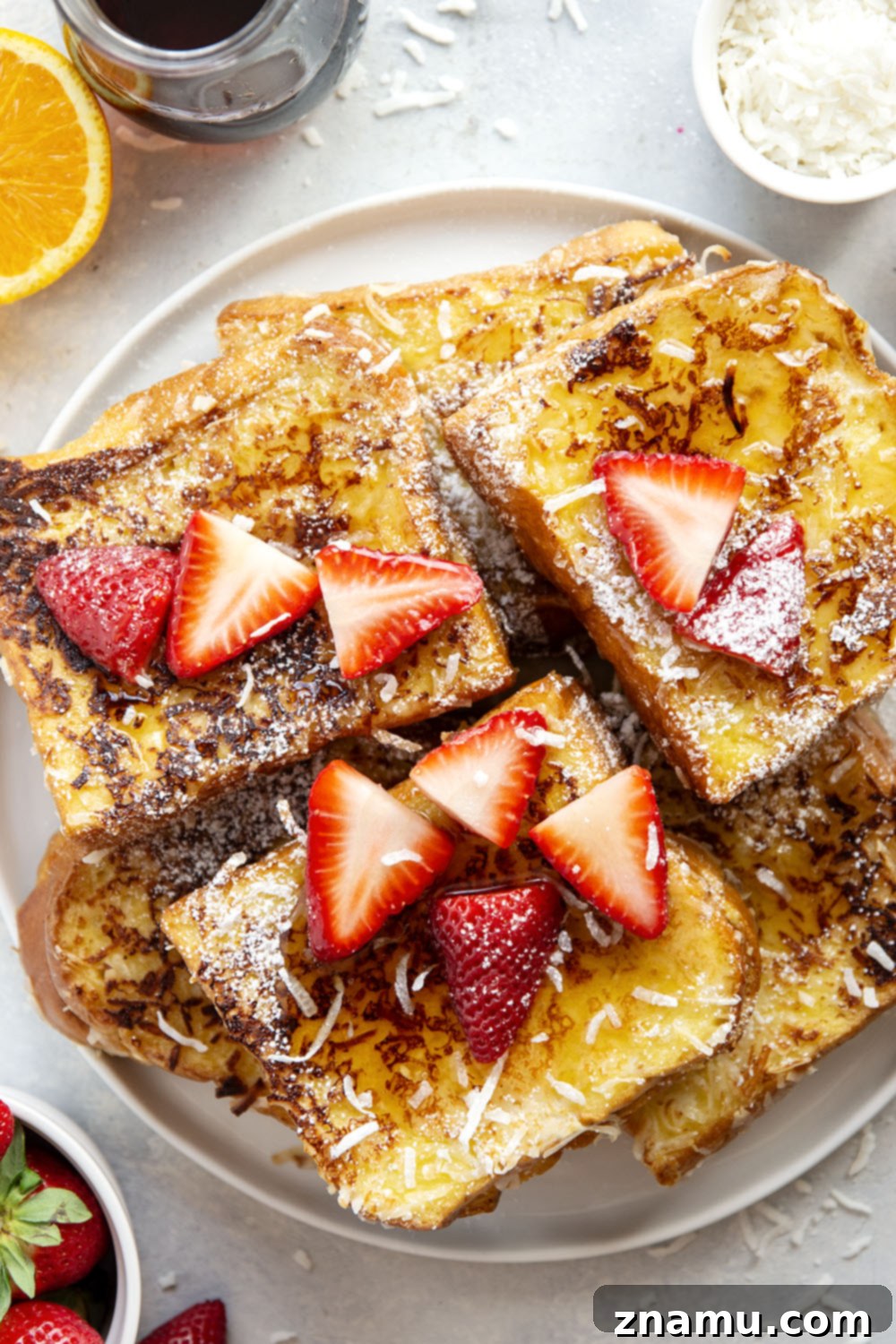 Tropical Coconut French Toast 5 Slices of brioche bread prepared for Coconut Stuffed French Toast