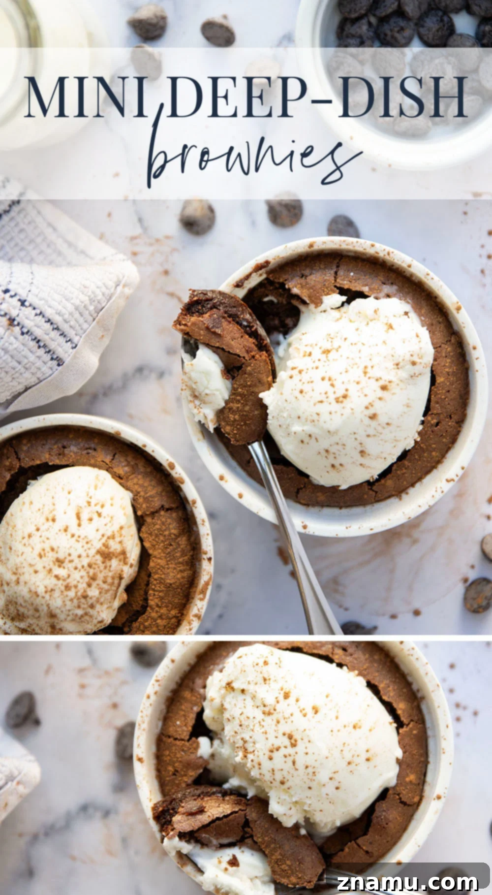 Decadent Mini Deep-Dish Brownies 7 These mini deep dish brownies bake up perfectly fudgy and are incredible served warm with a scoop of vanilla ice cream in the center! Perfect for a romantic dessert for two.