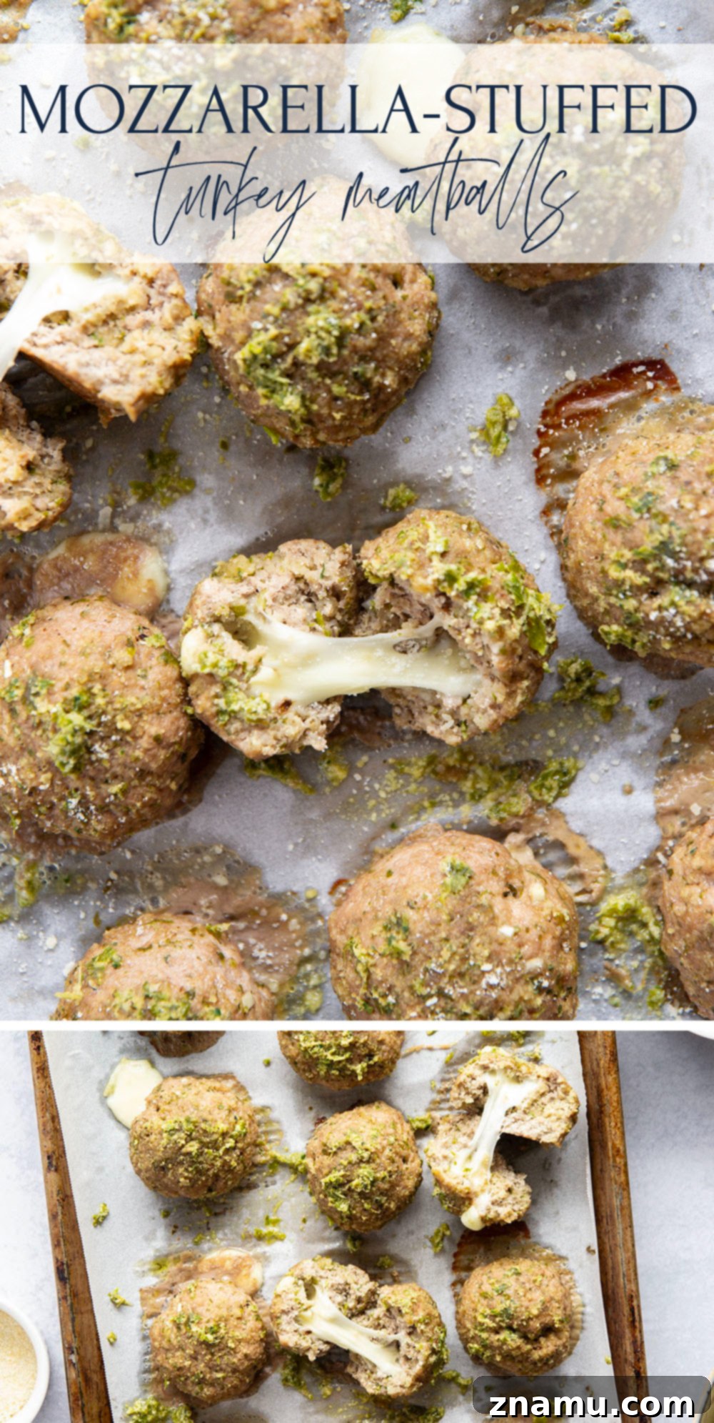 Melted Mozzarella Pesto Turkey Meatballs 7 A large bowl of mozzarella-stuffed pesto turkey meatballs on a serving platter, garnished with basil.