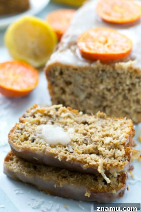 Sunshine Banana Loaf with Tangy Citrus 4 The glorious drizzle of citrus glaze over the Tropical Banana Bread, enhancing its tropical appeal. @WholeHeavenly