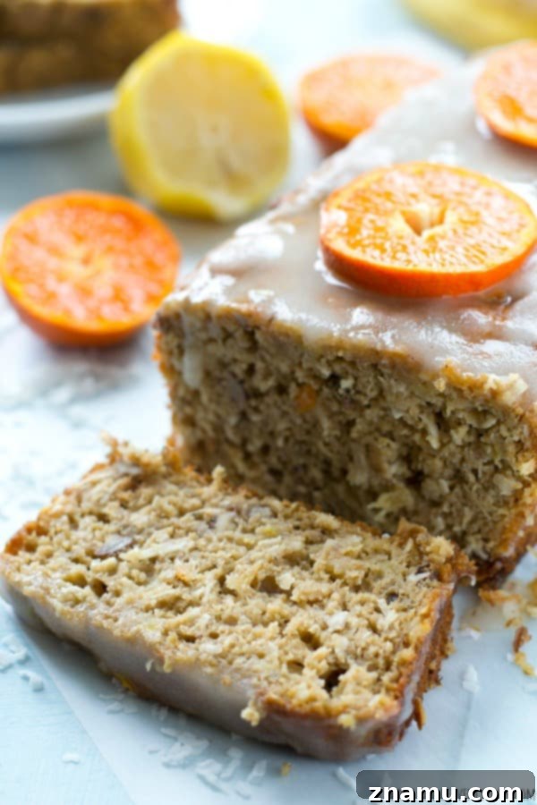 Sunshine Banana Loaf with Tangy Citrus 8 Another enticing view of the Tropical Banana Bread with Citrus Glaze, ready to be enjoyed. @WholeHeavenly