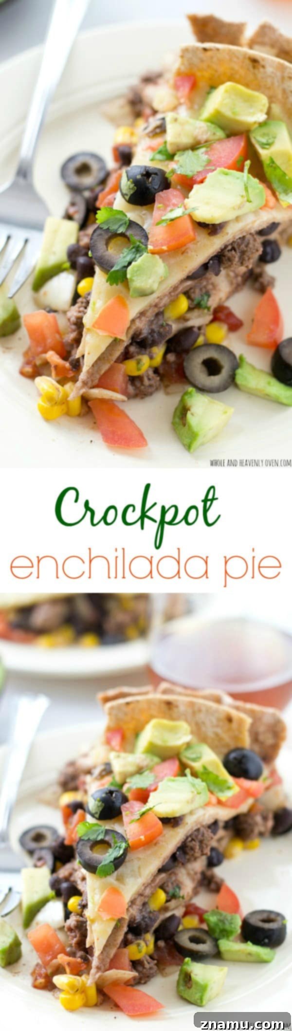 Slow Cooker Enchilada Bake 11 Wide shot of a large crockpot enchilada pie, emphasizing its generous size and comforting appeal