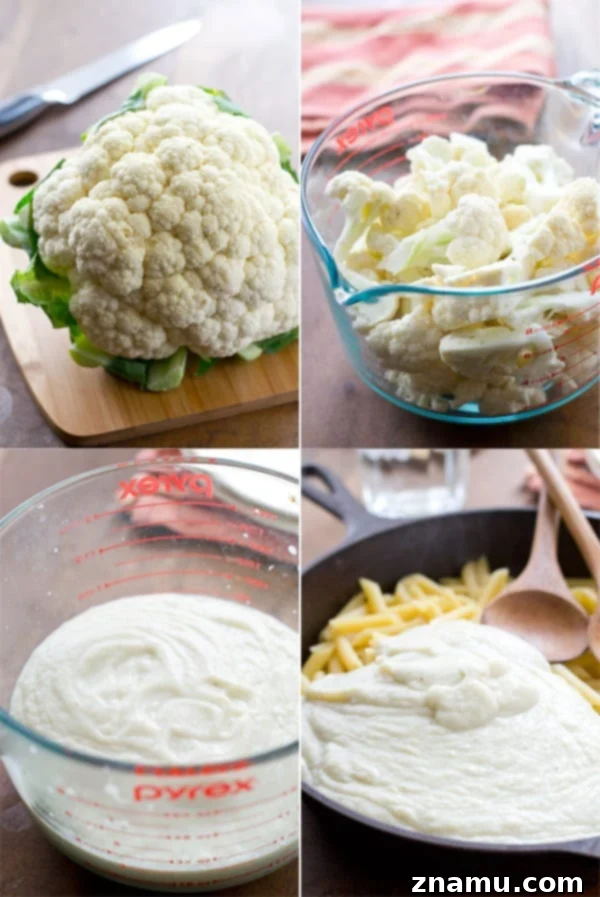 Quick Creamy Cauliflower Pasta Alfredo 7 The smooth, thick, and creamy cauliflower Alfredo sauce in a bowl before being mixed with pasta. @WholeHeavenly