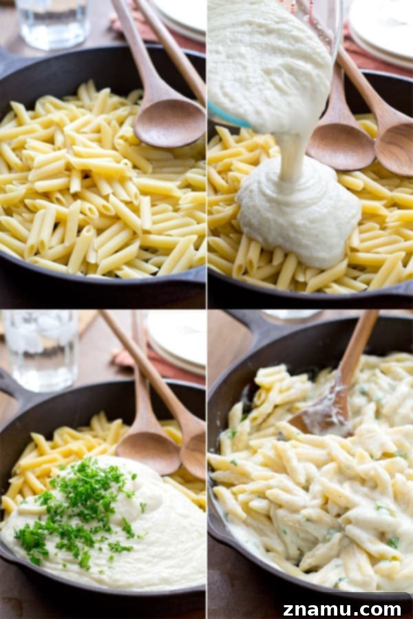 Quick Creamy Cauliflower Pasta Alfredo 9 A final close-up of the delicious and healthy cauliflower pasta Alfredo dish, ready to be enjoyed. @WholeHeavenly