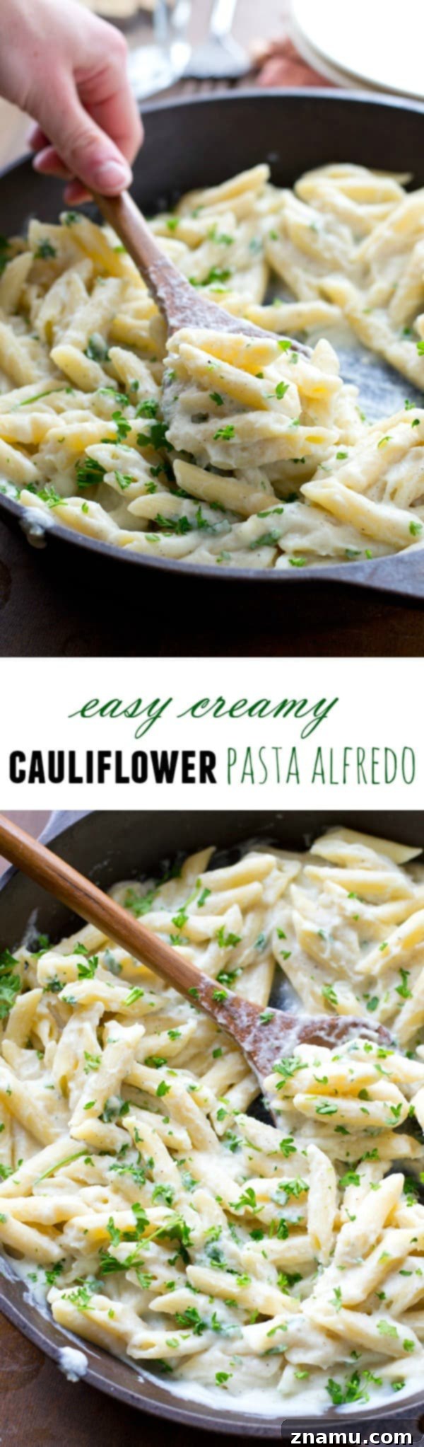 Quick Creamy Cauliflower Pasta Alfredo 10 Another view of the skinny cauliflower Alfredo pasta, emphasizing its appealing texture and presentation. @WholeHeavenly