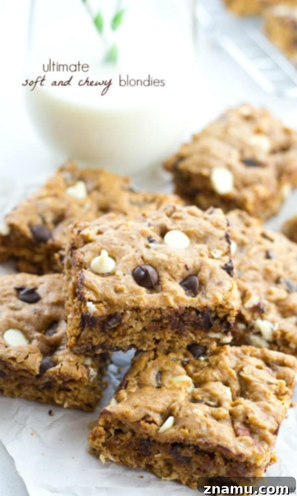 Irresistibly Soft Chewy Blondies 2 Rich, fudgy, and incredibly chewy blondies packed with semisweet and white chocolate chips, toasted pecans, and shredded coconut. The ultimate dessert bar for any occasion.