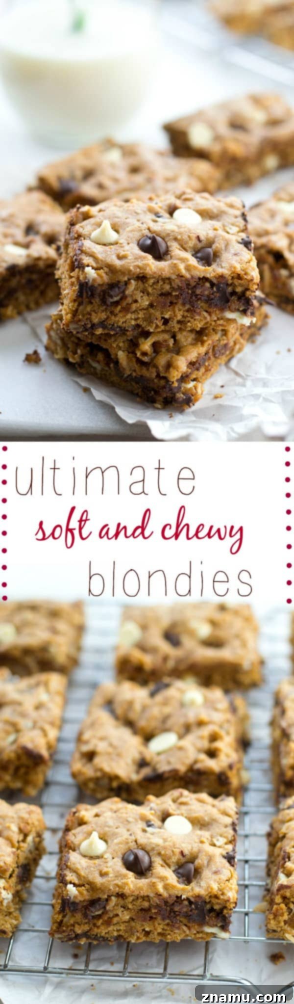 Irresistibly Soft Chewy Blondies 9 An overhead shot of several ultimate chewy blondies, showing their irregular, rustic cuts and the delightful variety of mix-ins.