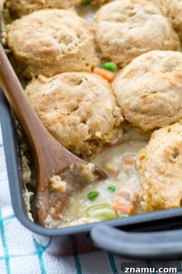 Hearty Chicken Biscuit Bake 4 A close-up shot of the creamy chicken and vegetable filling before baking.