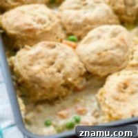 Small image of the finished biscuit chicken pot pie casserole.