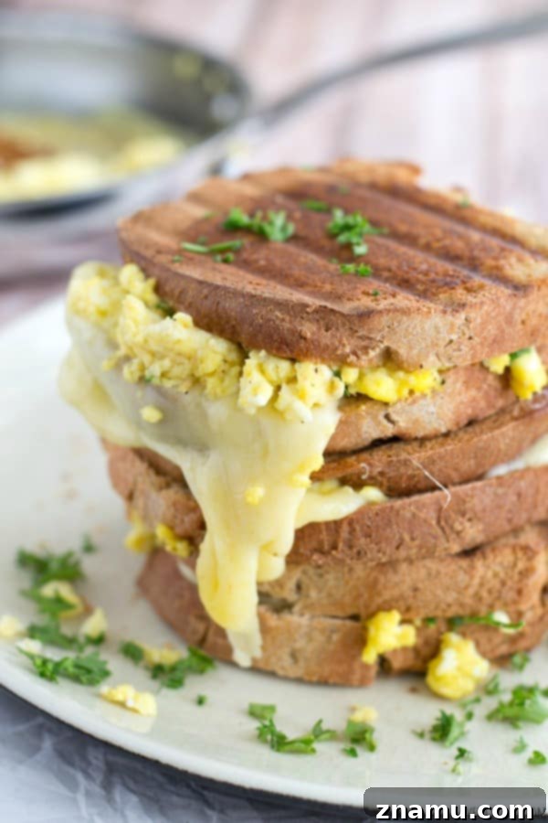 The Scramble Melt 5 Close-up shot of the gooey melted cheese in a Scrambled Egg Grilled Cheese sandwich