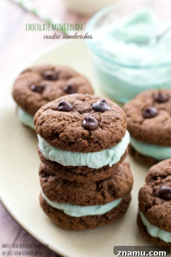 Creamy Chocolate Mint Cookie Sandwiches 2 Close-up of a perfectly assembled Double Chocolate Mint Cream Sandwich Cookie, showcasing its vibrant green filling.