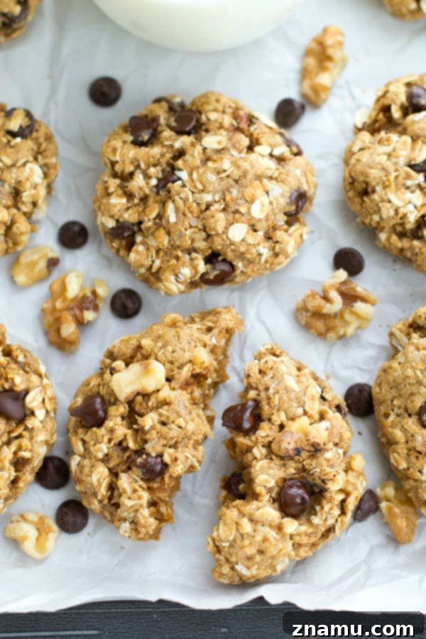 Banana Nut Chocolate Oat Medley 8 A single Chunky Monkey Oatmeal Cookie broken in half to show its interior