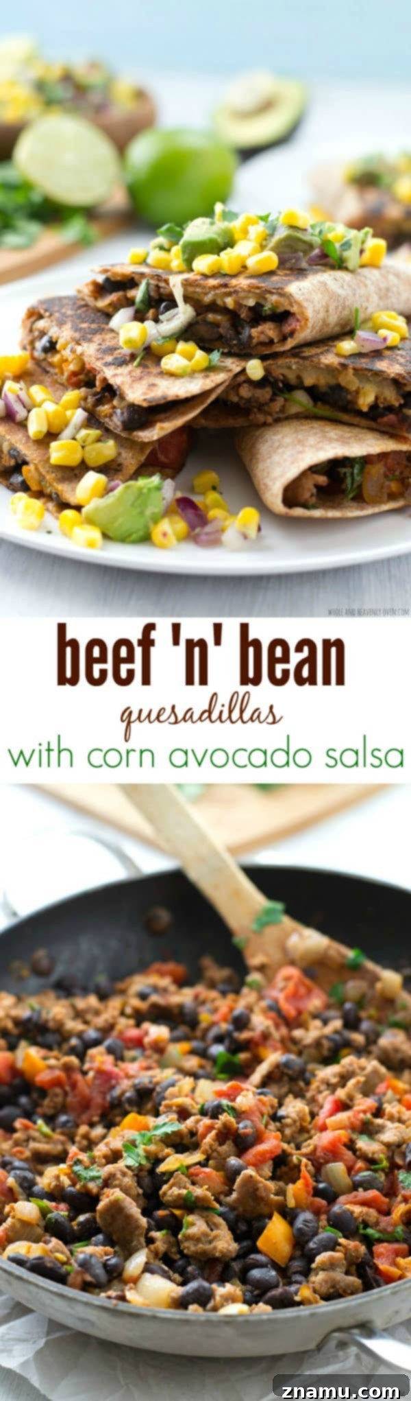 Overhead shot of Beef and Bean Quesadillas with Corn-Avocado Salsa, showcasing a delicious Mexican meal