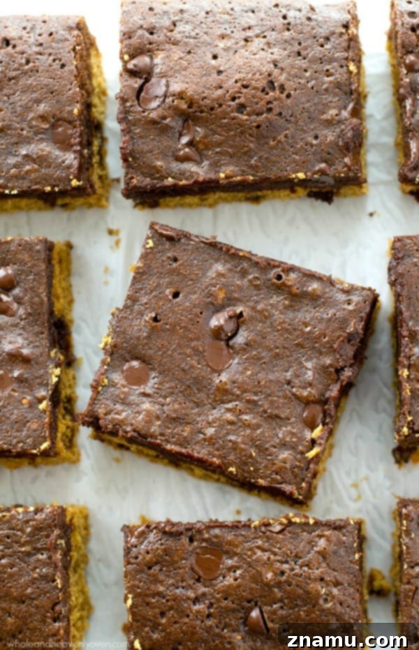 Close-up of a slice of double-decker brownie revealing the chewy cookie dough base and fudgy brownie top