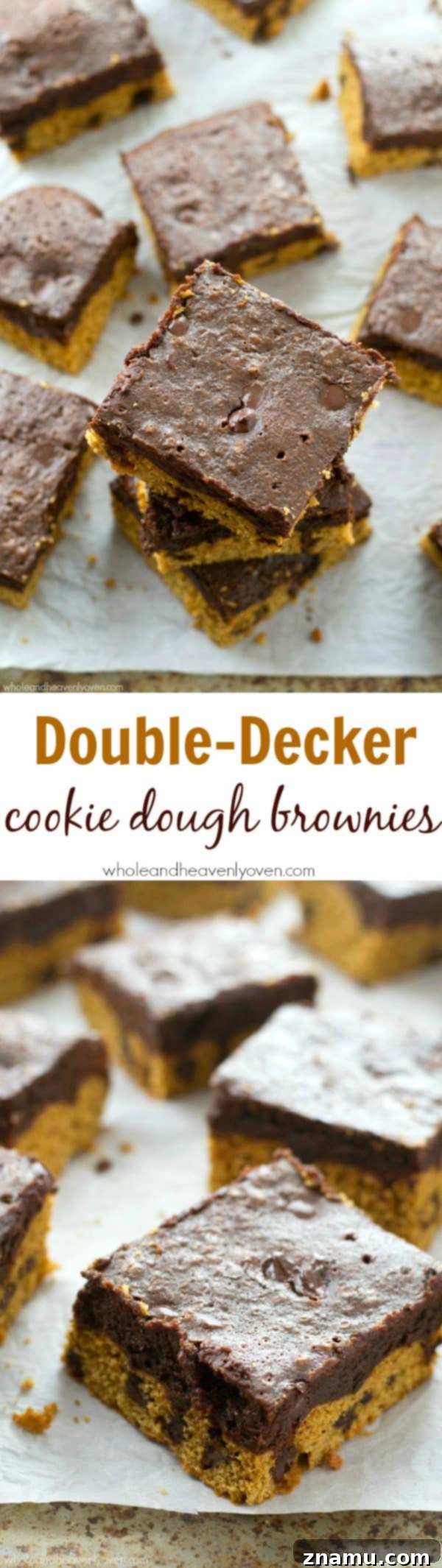 Close-up of a double-decker brookie with a bite taken out, showing the rich texture inside