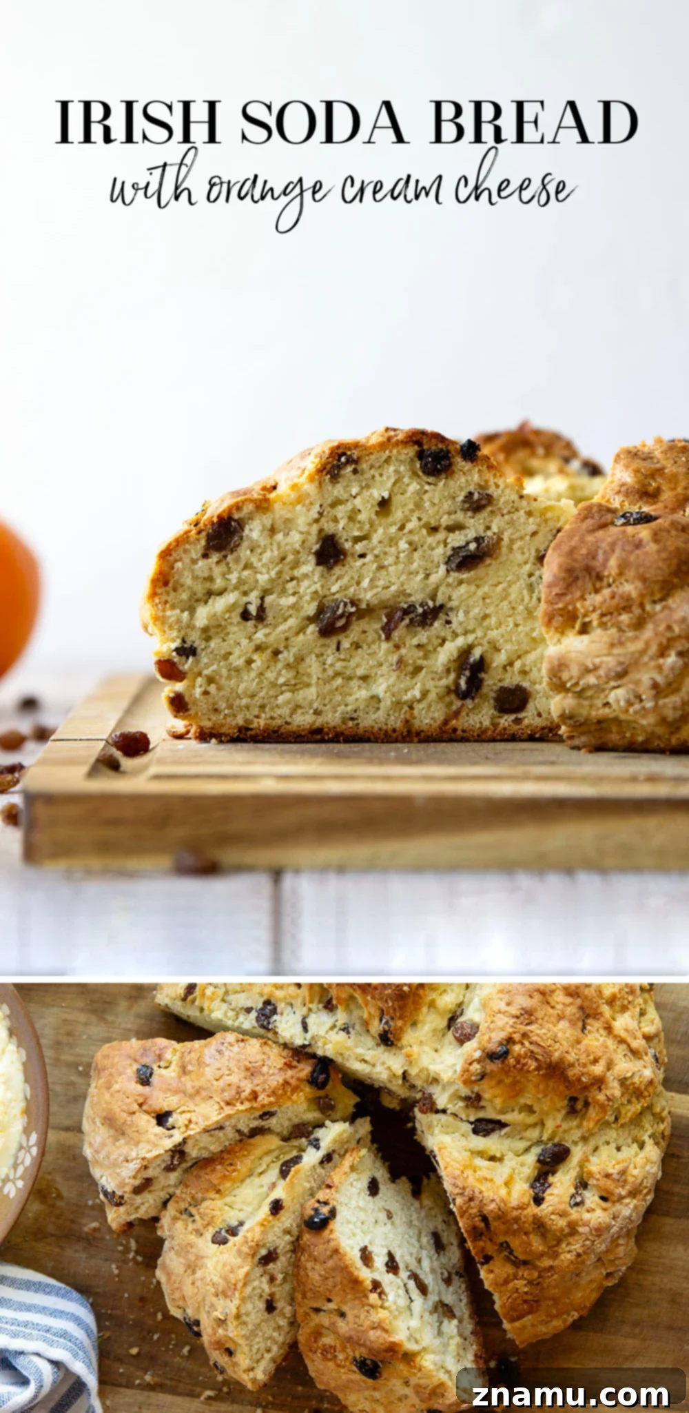 Sunshine Orange Irish Soda Bread with Cream Cheese 7 An overhead shot of a complete Irish soda bread, beautifully golden, with a bowl of orange cream cheese and a knife.