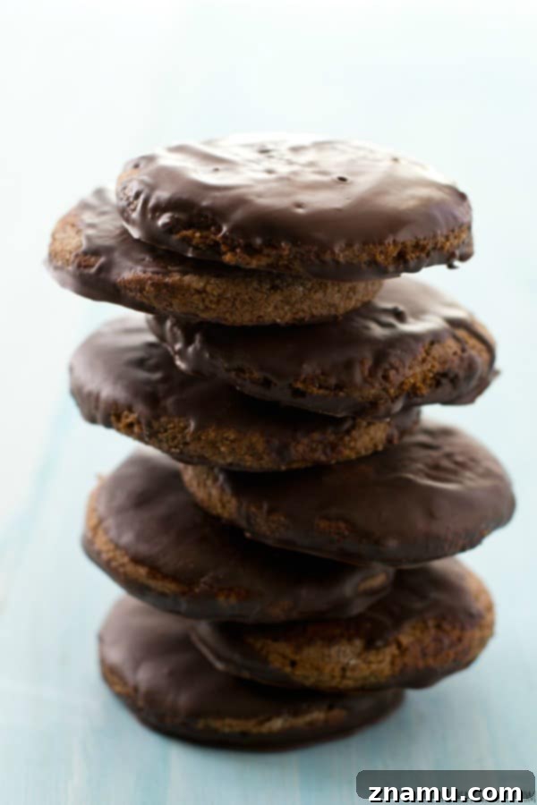 Grain-Free Mint Chocolate Wafers 3 Close-up shot of a single homemade Paleo Thin Mint cookie, showing its rich chocolate coating and a hint of the minty interior.