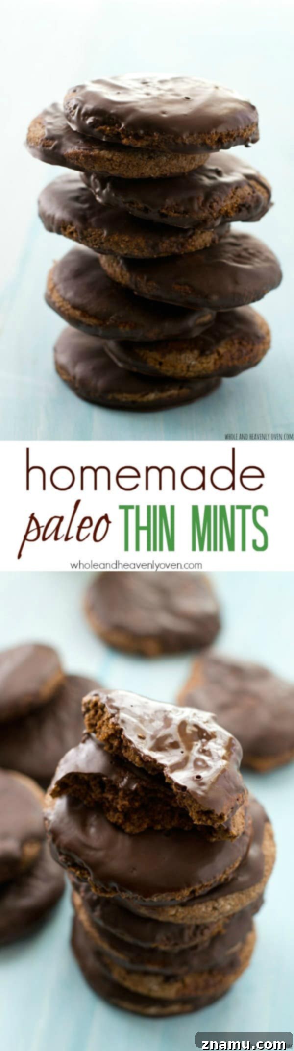 Grain-Free Mint Chocolate Wafers 8 An overhead shot of numerous Paleo Thin Mints, artfully arranged to form a tempting display, emphasizing their uniform coating and freshness.