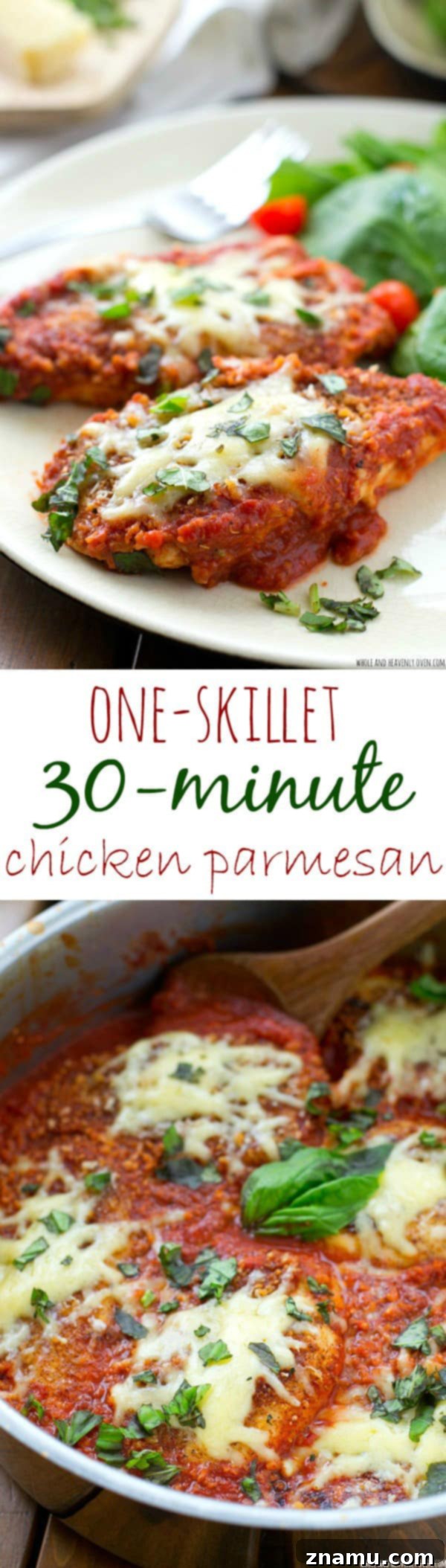 30-Minute One-Pan Chicken Parmesan 8 A close-up of the finished One-Skillet 30-Minute Chicken Parmesan, showcasing the perfectly melted cheese, crispy chicken, and rich sauce.