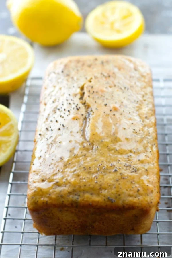 Zesty Poppy Drizzle Loaf 8 A close-up shot of the stunning, thick lemon glaze on top of the poppy seed quick bread, with a fork ready to take a bite.