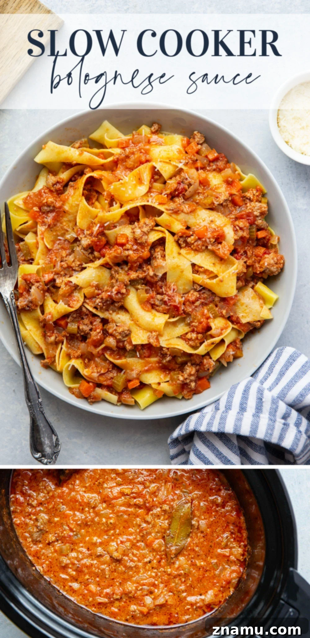 Ultimate Slow Cooker Bolognese 7 This slow cooker Bolognese features tender browned meat in a rich tomato sauce that's slow cooked for hours to build flavor. Toss this hearty sauce with tender pappardelle pasta and top with fresh Parmesan.