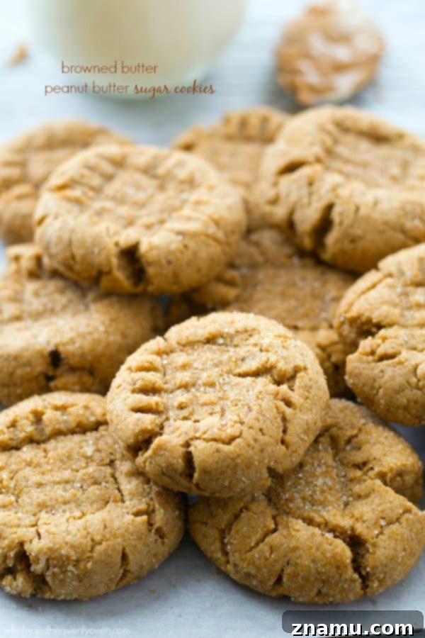 Toasted Butter Peanut Butter Sugar Cookies 2 A perfectly golden-brown browned butter peanut butter sugar cookie, soft and chewy with a sugar-coated exterior and classic criss-cross pattern.