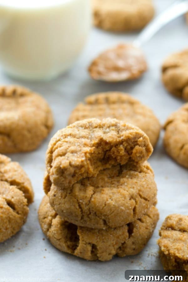 Toasted Butter Peanut Butter Sugar Cookies 5 Side view of two browned butter peanut butter sugar cookies, highlighting their thick, soft centers and sugar coating.
