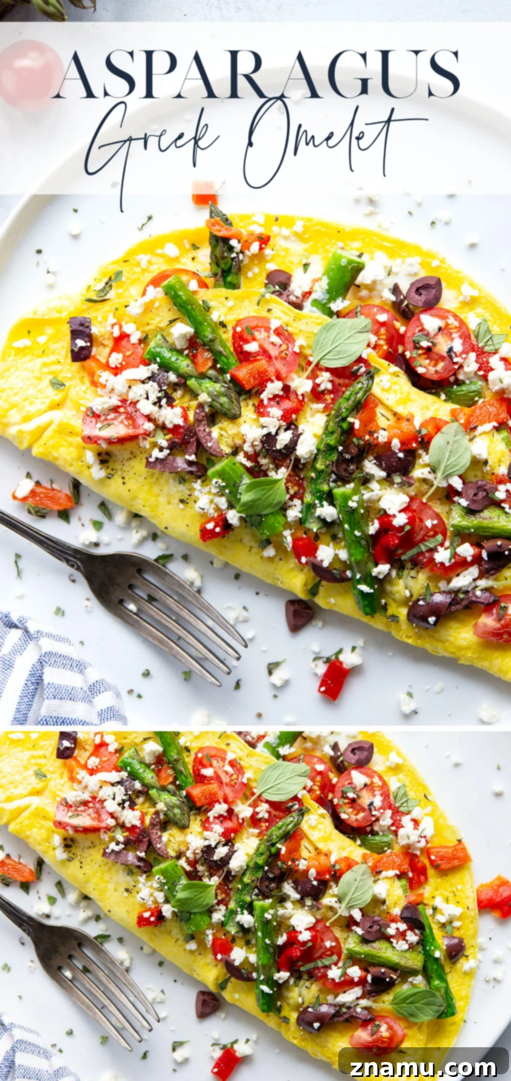 Mediterranean Asparagus & Feta Omelet 7 An overhead shot of two Greek omelets on plates with cutlery, ready for a delicious breakfast. The vibrant colors and generous fillings are clearly visible.