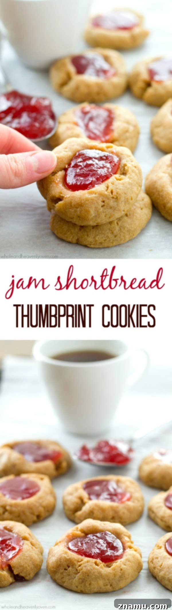 Buttery Shortbread Jam Impressions 8 Beautifully presented jam shortbread thumbprint cookies, garnished with a sprig of fresh mint.
