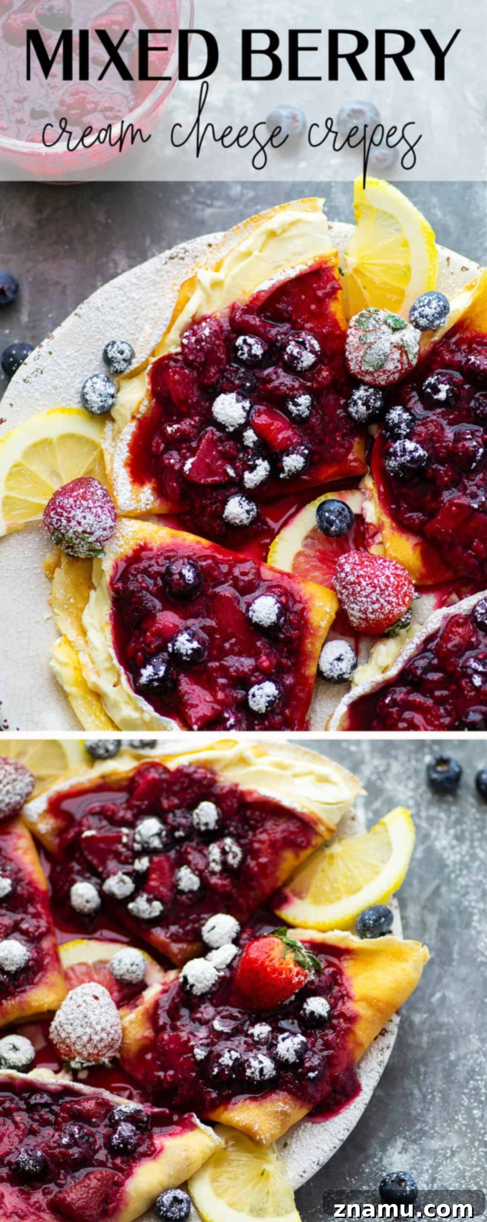Berries & Cream Cheese Crepes 6 Fully assembled mixed berry cream cheese crepes with generous sauce and powdered sugar