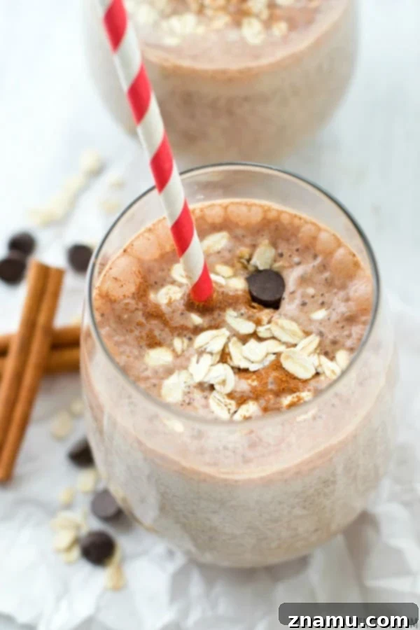 Super-creamy and loaded with a trio of cinnamon, chocolate, and oats, this filling breakfast smoothie is a sweet lighter breakfast indulgence and terrific energy boost!