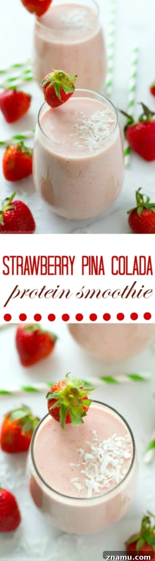 A tall glass of Strawberry Piña Colada Protein Smoothie, inviting and vibrant.