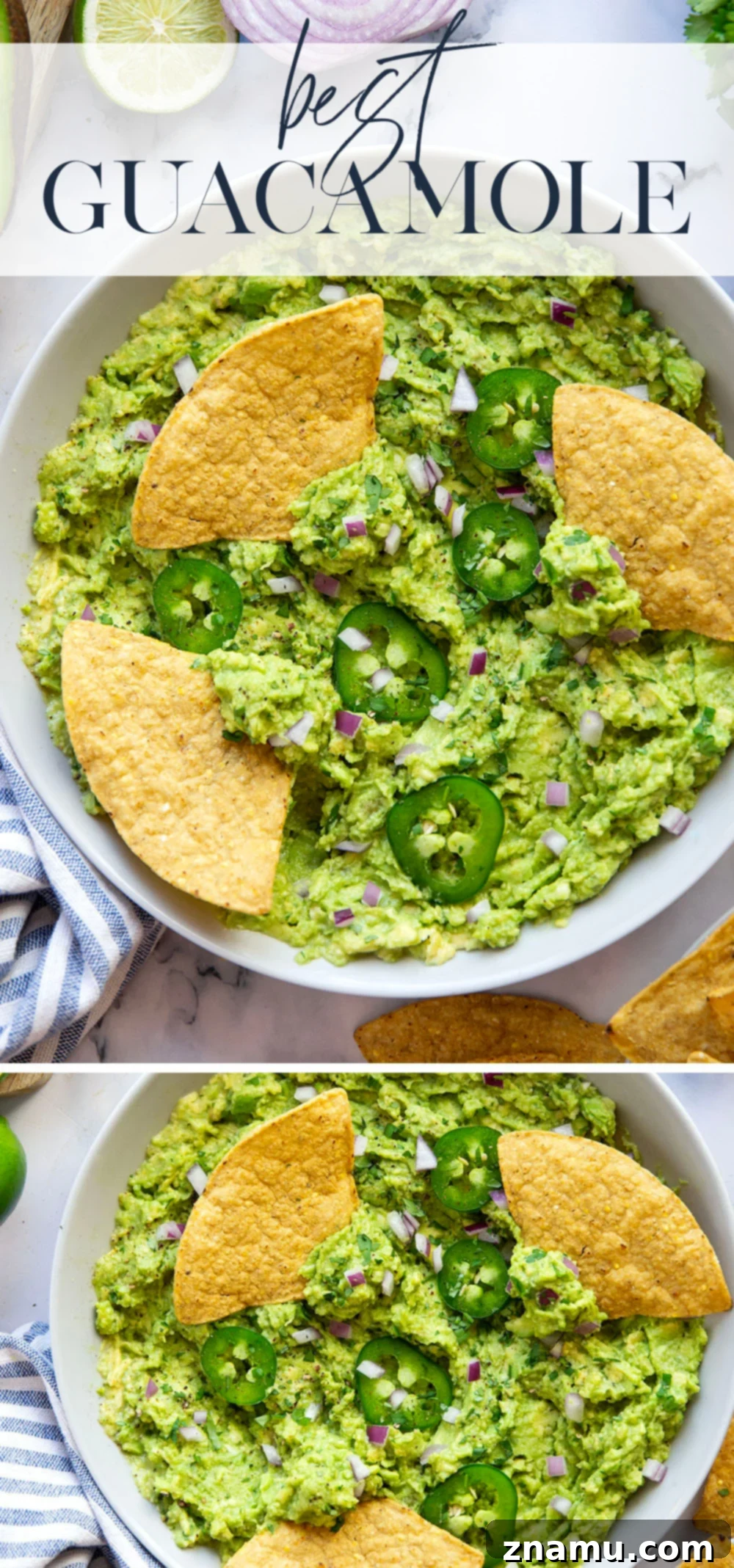 The Ultimate Guacamole Recipe 7 Overhead shot of a full bowl of best guacamole surrounded by tortilla chips, with a hand reaching for a chip.
