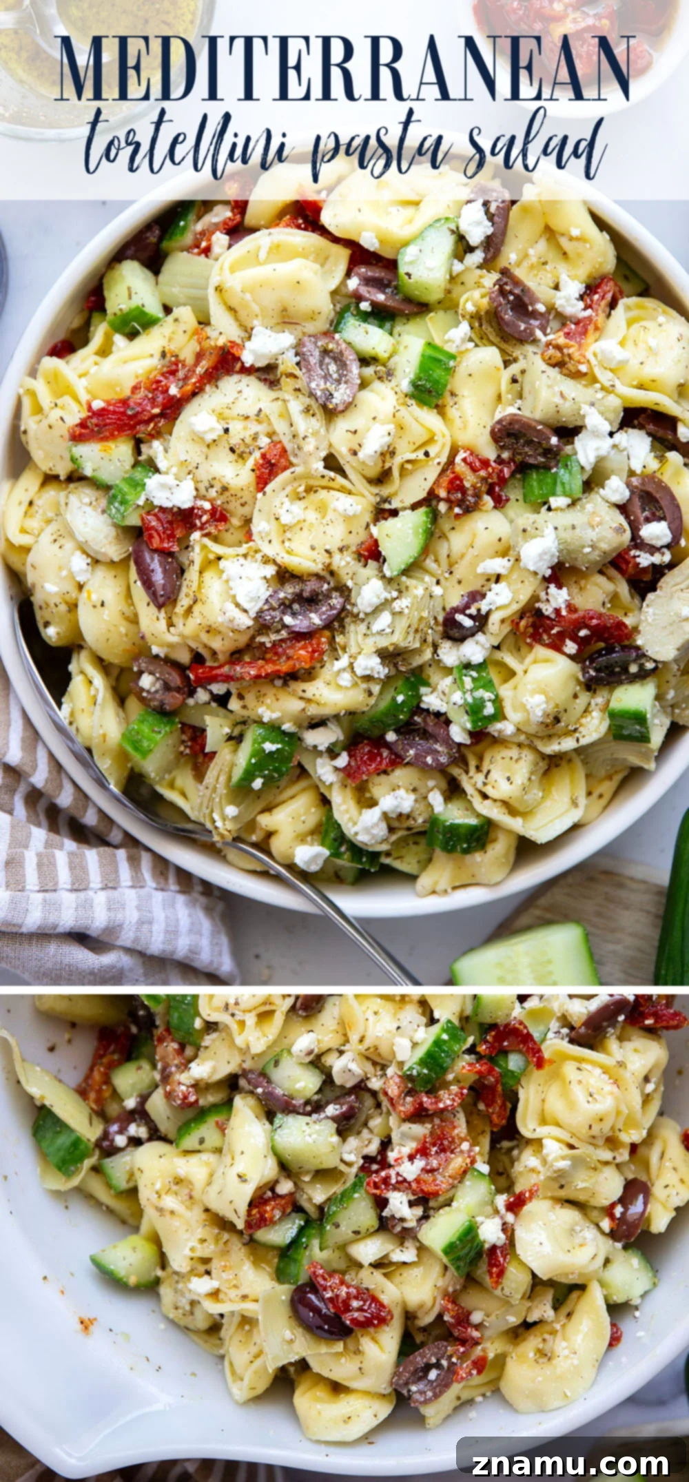 Vibrant Mediterranean Tortellini Pasta Salad 7 Overhead shot of Mediterranean tortellini pasta salad in a large white bowl.