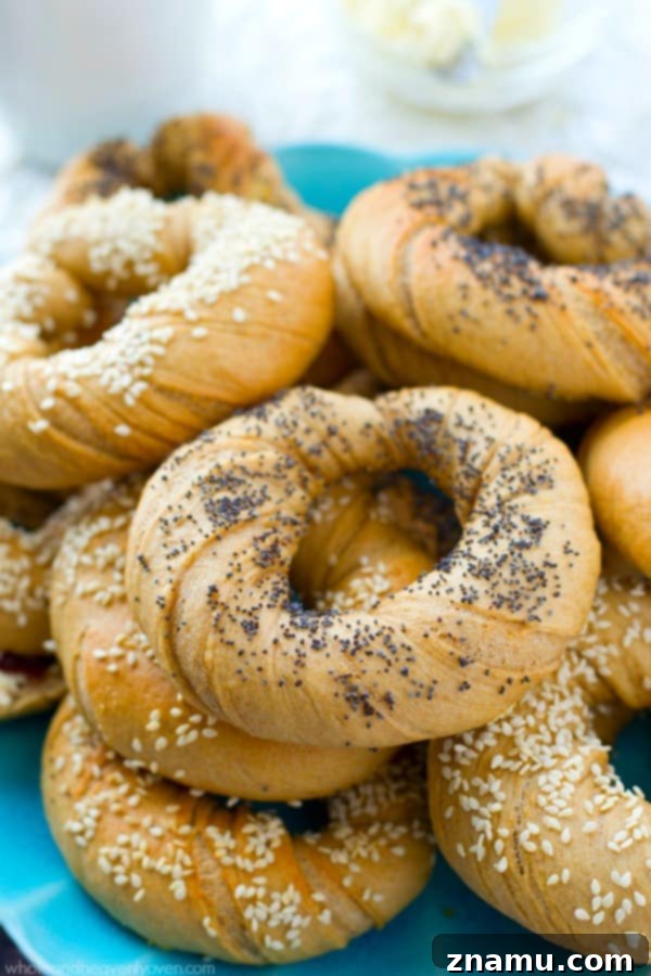 Authentic Homemade Deli Bagels 3 Several freshly baked homemade bagels arranged on a cooling rack, showcasing their varied toppings like sesame and poppy seeds, waiting to be devoured.