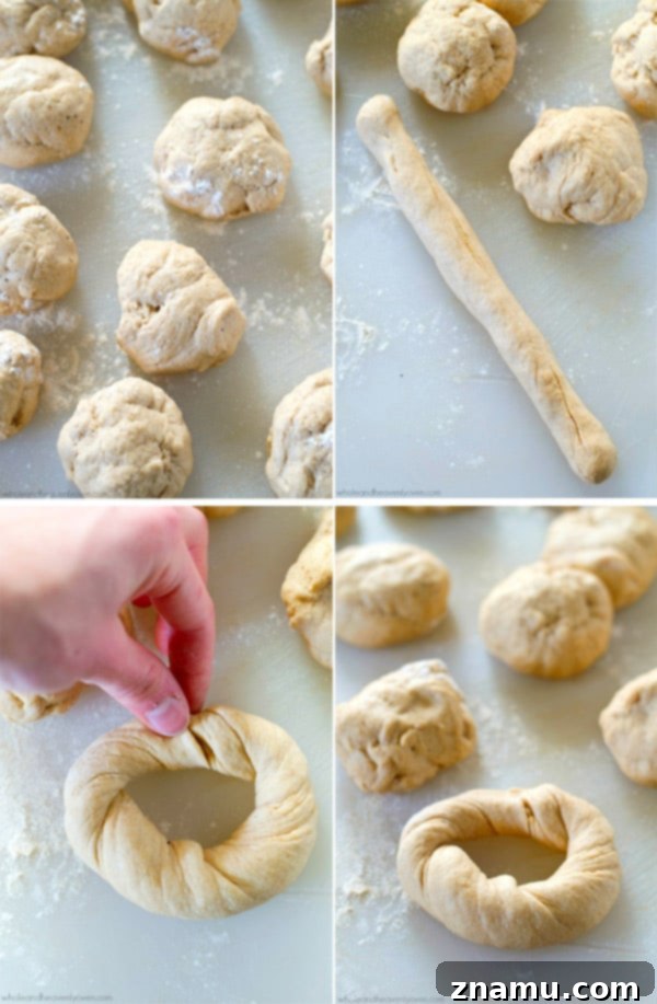 Authentic Homemade Deli Bagels 8 A step-by-step visual guide showing how to shape bagel dough into its classic ring form after the initial rise.