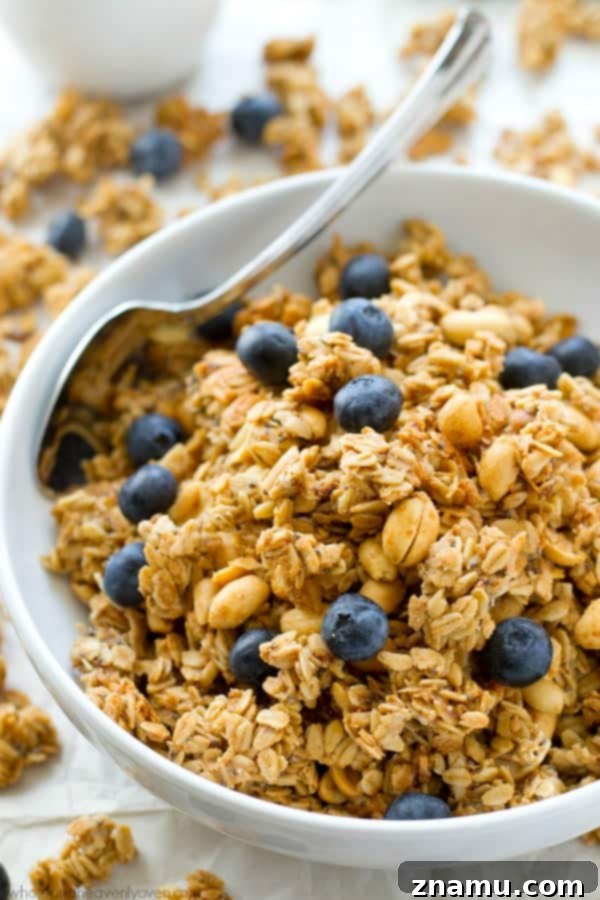 A close-up shot of a generous serving of homemade healthy peanut butter granola, showcasing its crunchy texture and rich golden-brown clusters. Ideal for breakfast or a healthy snack. @WholeHeavenly