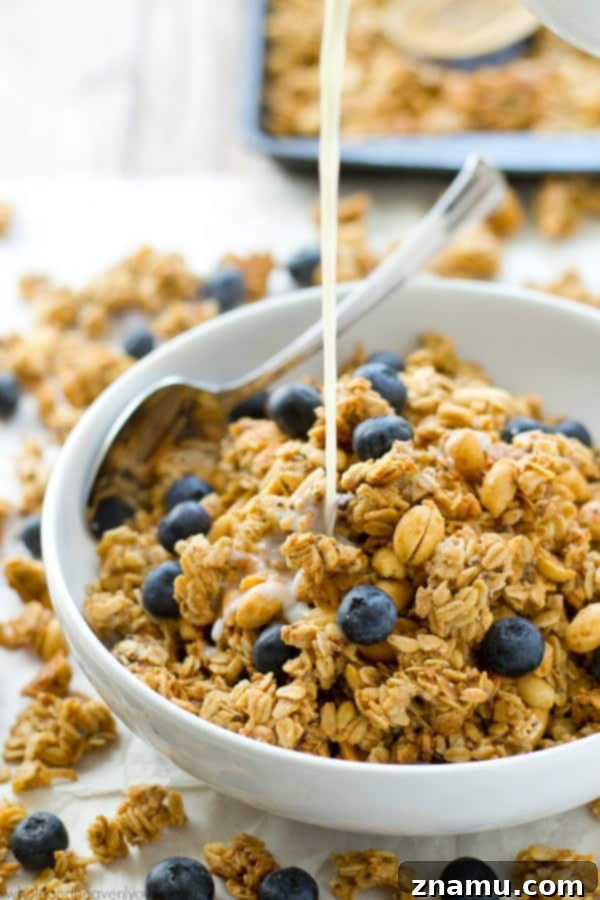 A close-up of a hand reaching into a pan to grab a handful of fresh, chunky peanut butter granola clusters. @WholeHeavenly