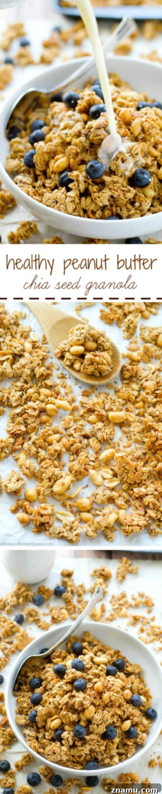 A wider shot of the healthy peanut butter granola in a pan, with some clusters already broken apart, ready for serving. @WholeHeavenly