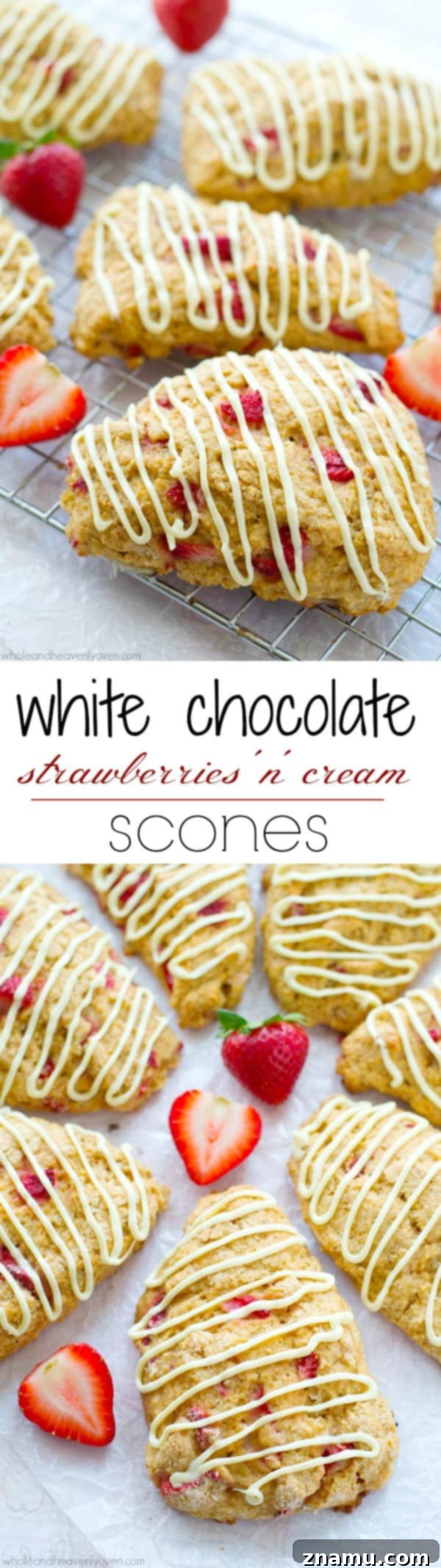 White Chocolate Strawberry Cream Scones 8 Delicious white chocolate strawberry scones presented beautifully on a wire rack, cooling down