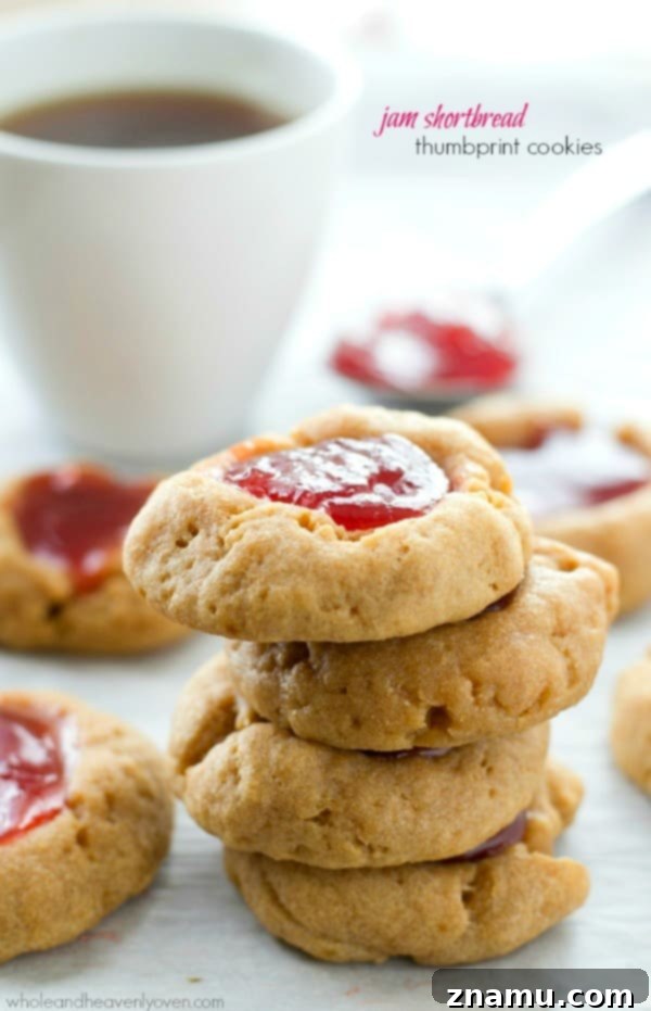 Delicate, buttery jam shortbread thumbprint cookies, perfect for springtime gatherings